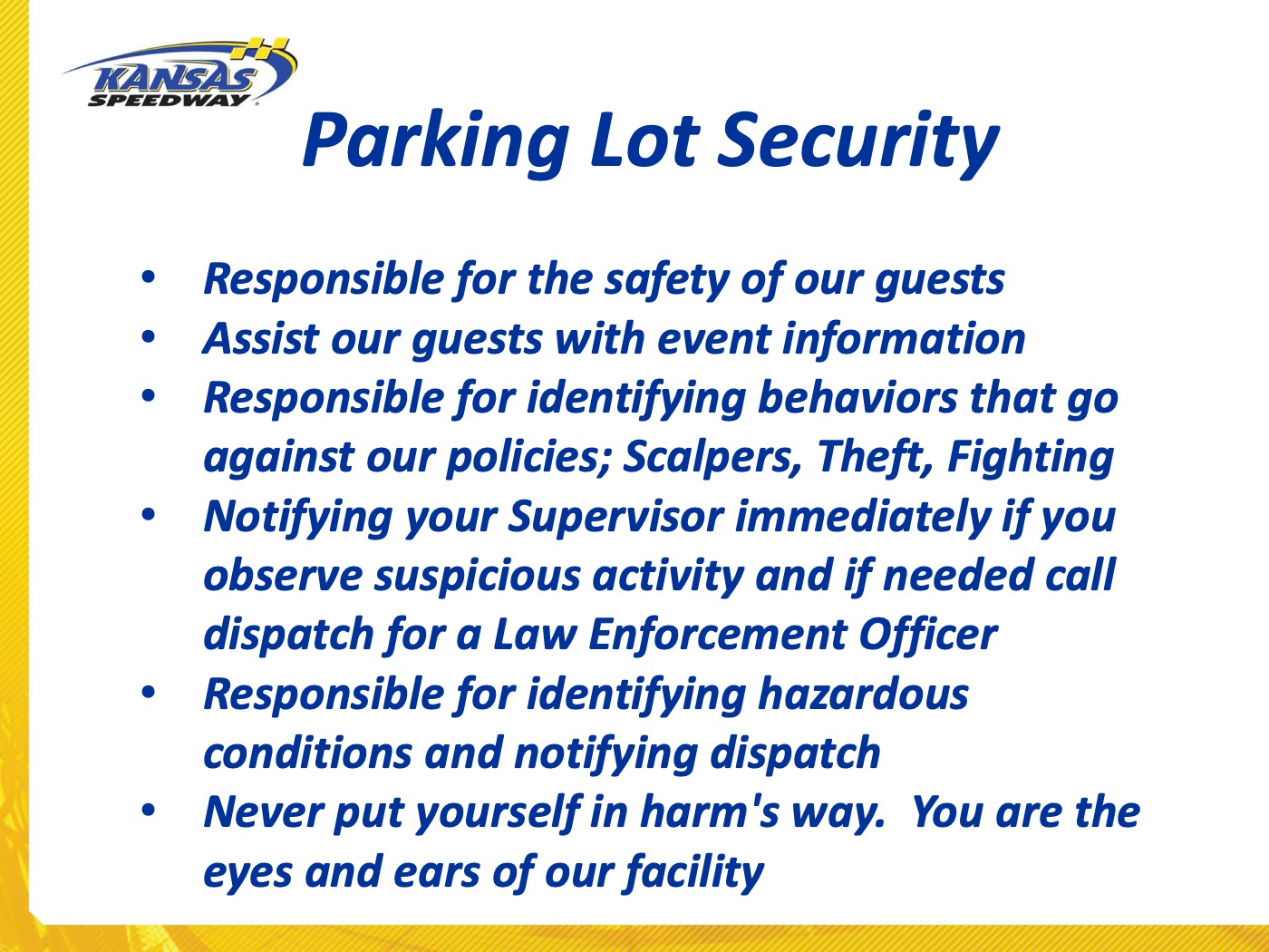 Parking Lot Security Kansas Speedway Training